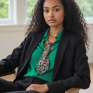 Floral Tie Necklace with Pink Beads and butterfly brooch